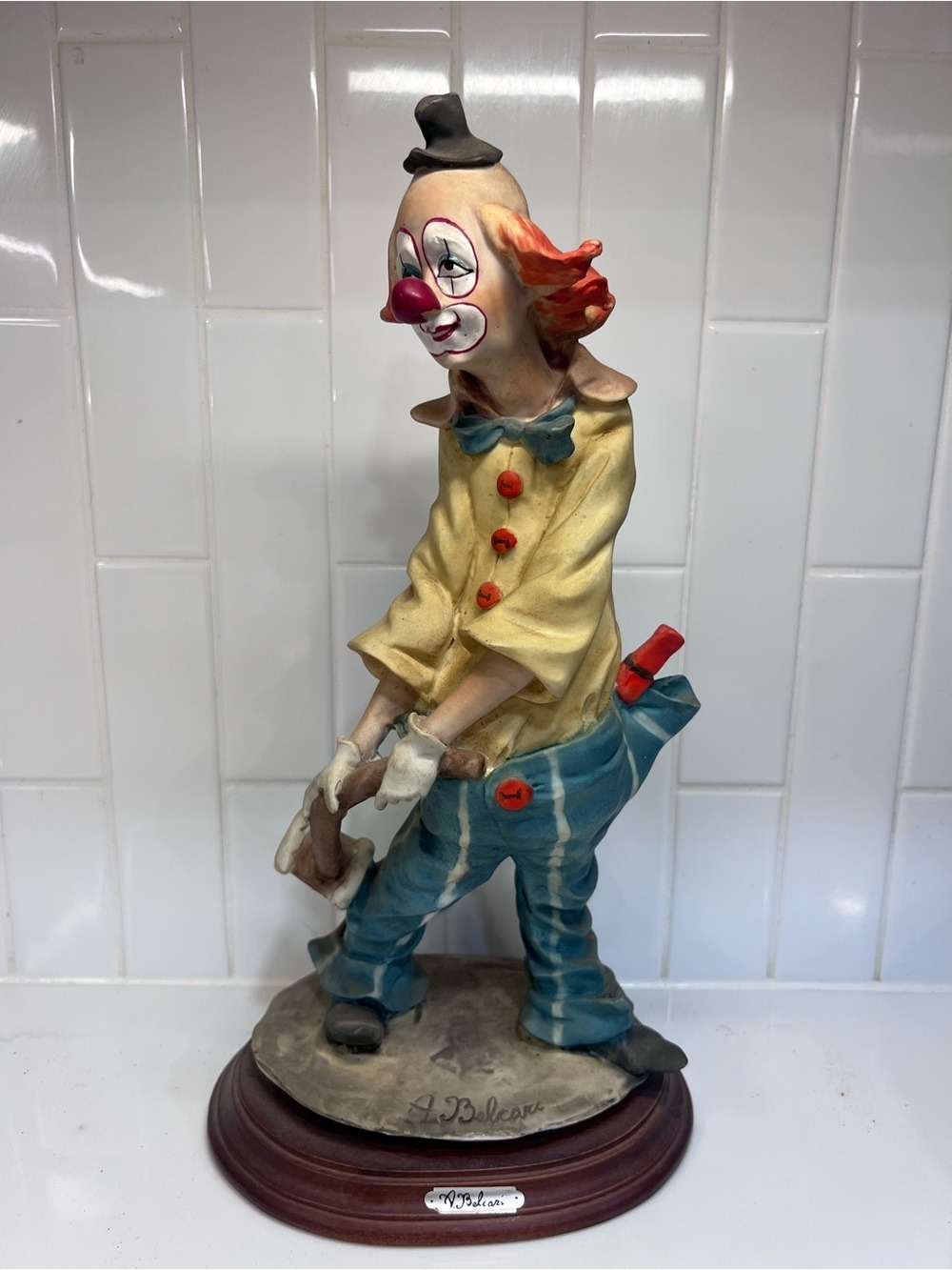 Vintage A Belcari Circus Clown Figurine 14" Tall Red Hair W Mallet Overalls